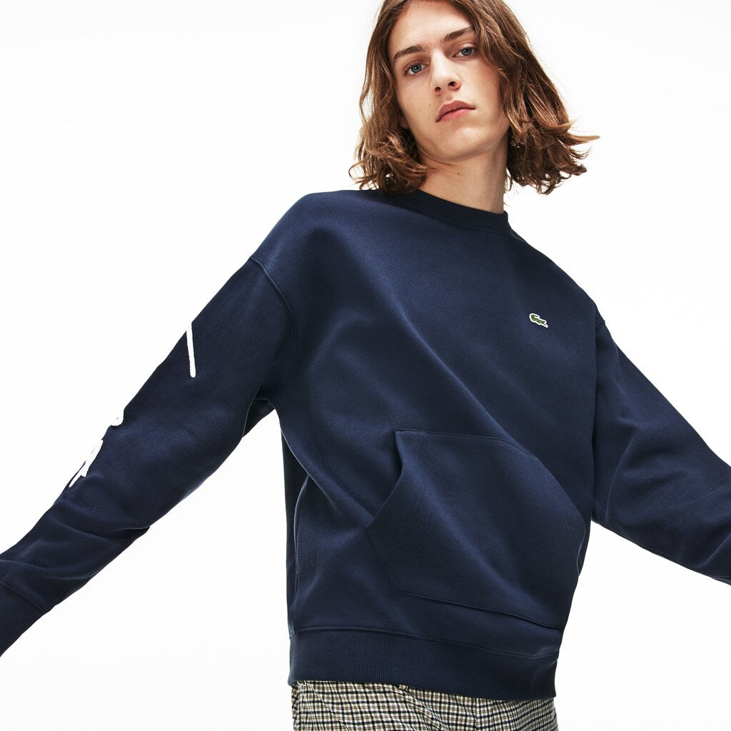 Mens Unisex LIVE Crew Neck Embroidered Fleece Sweatshirt | Lacoste Blue / White • Gzy