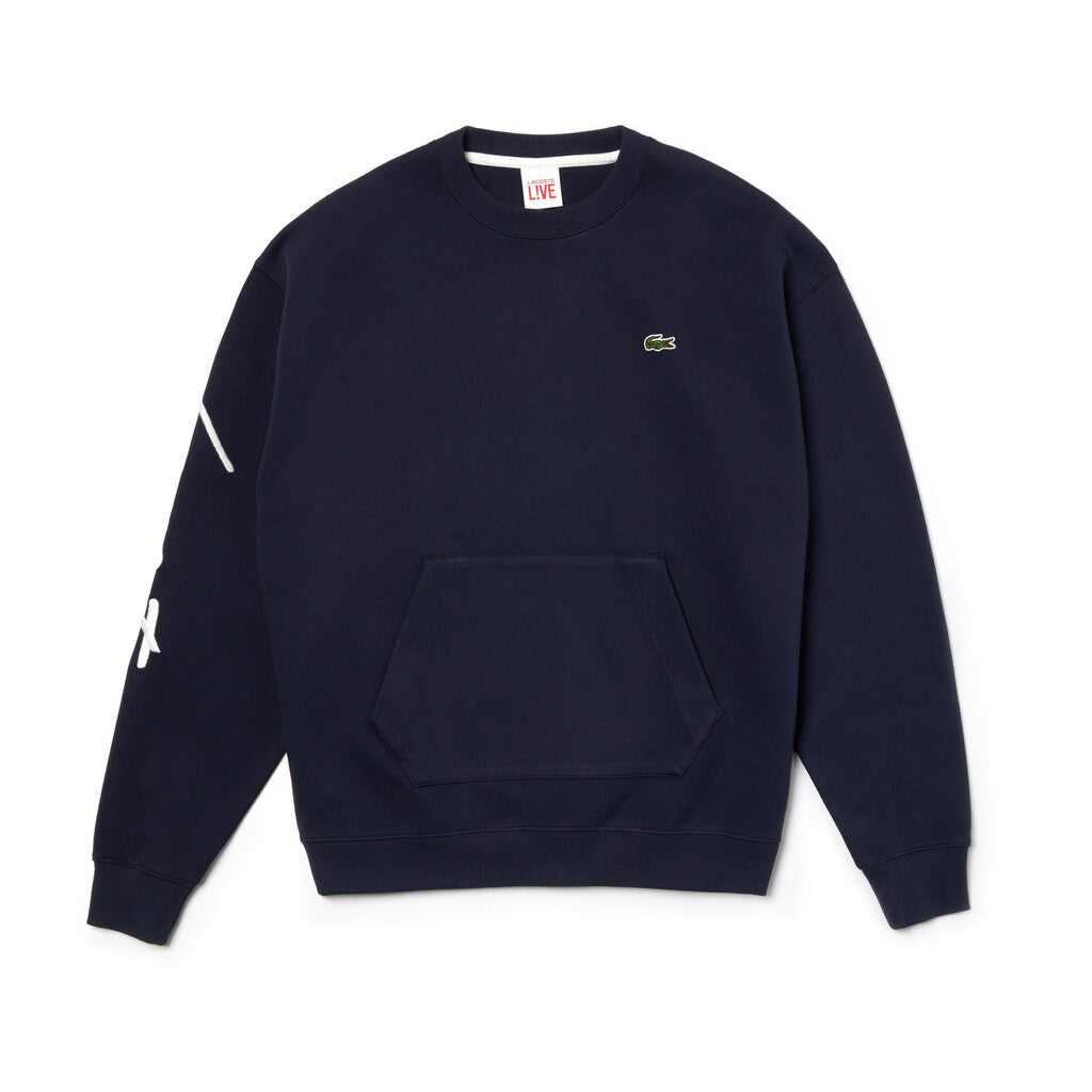 Mens Unisex LIVE Crew Neck Embroidered Fleece Sweatshirt | Lacoste Blue / White • Gzy