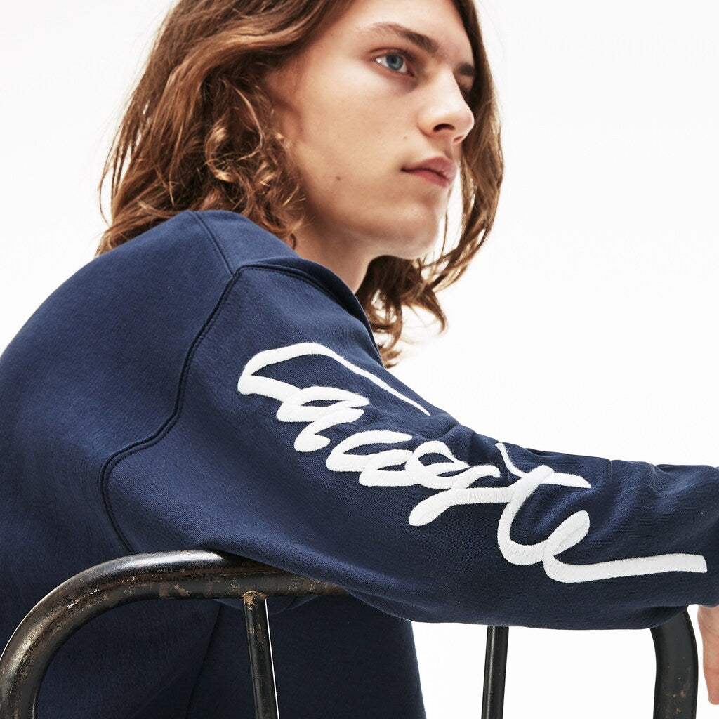 Mens Unisex LIVE Crew Neck Embroidered Fleece Sweatshirt | Lacoste Blue / White • Gzy