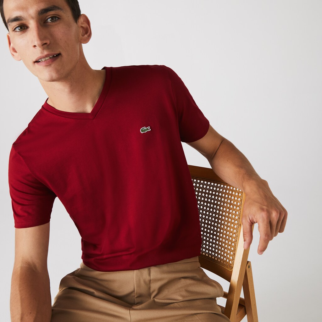 Mens   V-neck Pima Cotton T-shirt | Lacoste Bordeaux • Z1Q