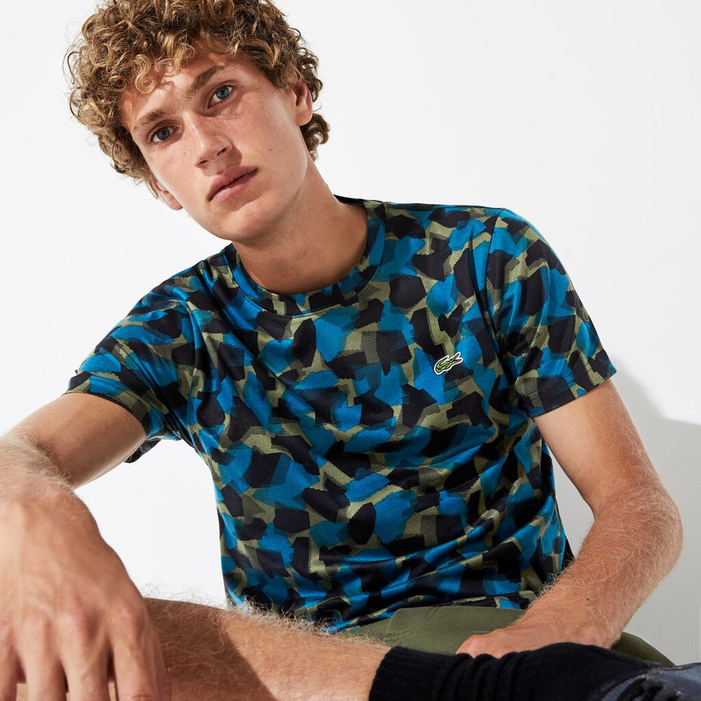 Mens   SPORT Camo Print Cotton Jersey T-Shirt | Lacoste Black / Blue / Khaki Green • 4Gt