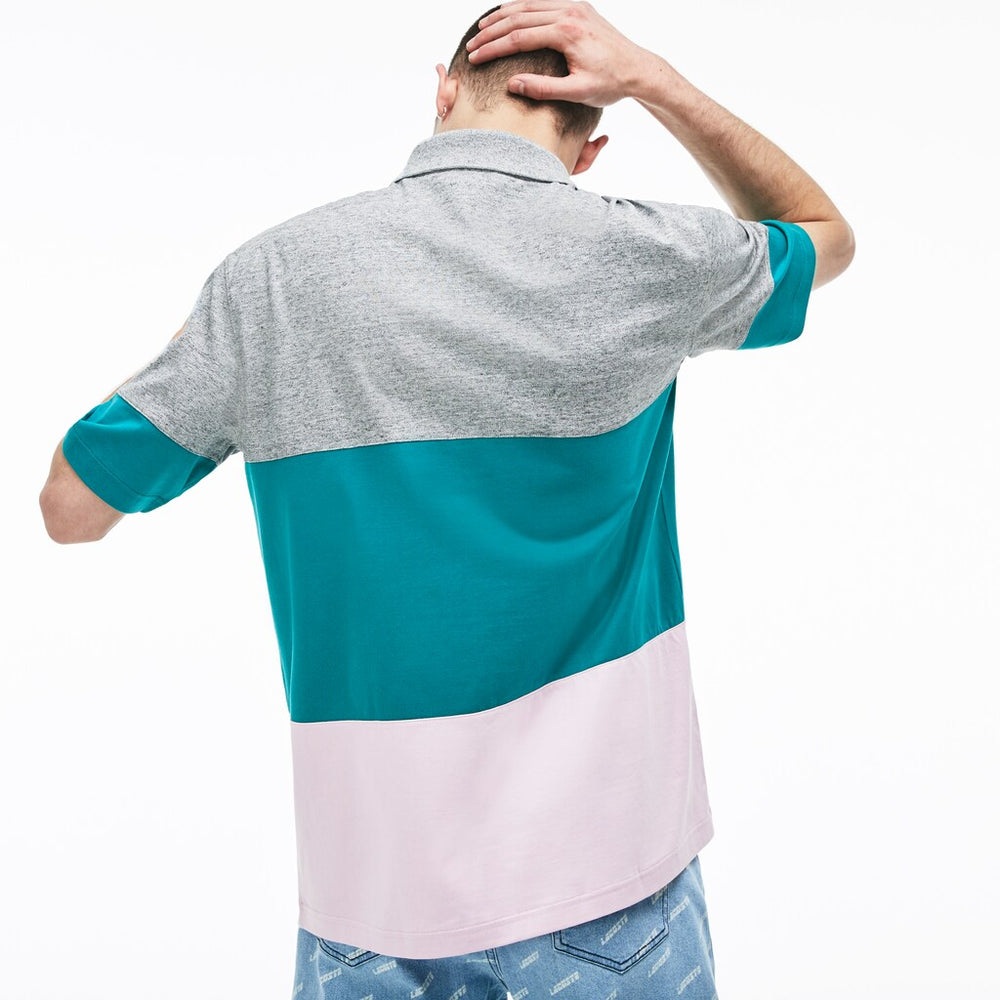 Mens   LIVE Loose Fit Cotton Polo | Lacoste Grey Chine / Green / Light Pink • 7Qj