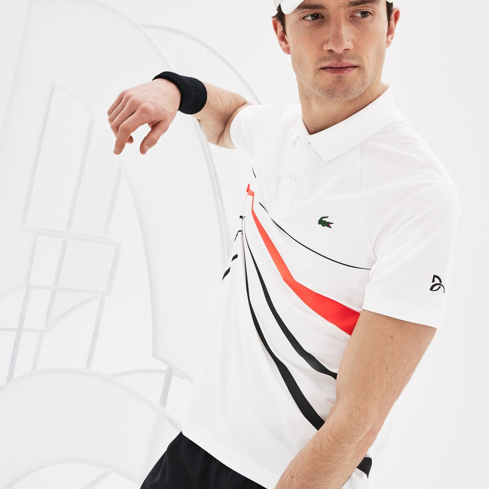 Mens   SPORT Novak Djokovic Stretch Polo | Lacoste White / Black / Red • 9Uz