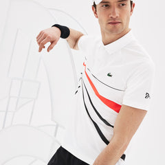 Mens   SPORT Novak Djokovic Stretch Polo | Lacoste White / Black / Red • 9Uz