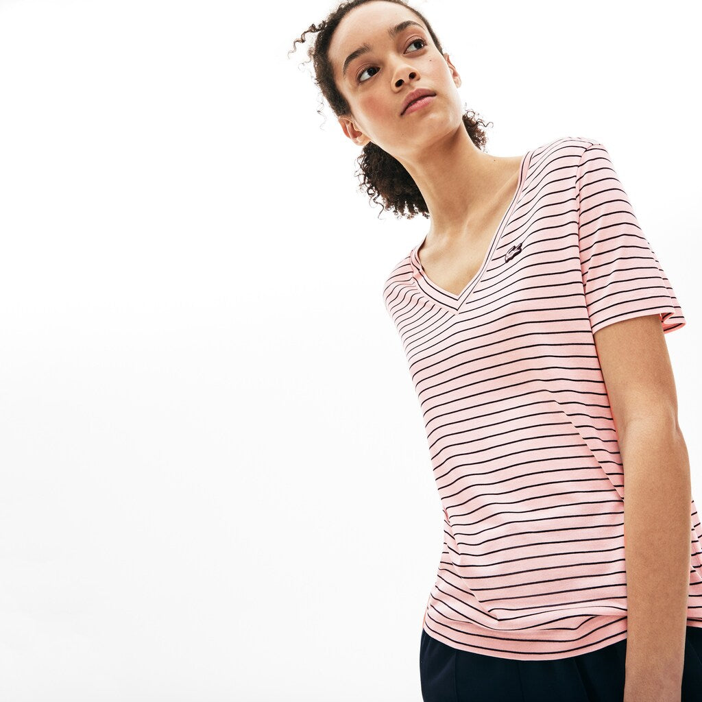 Womens Wo  V-neck Jersey T-shirt | Lacoste Light Pink / Navy Blue • 7Lq