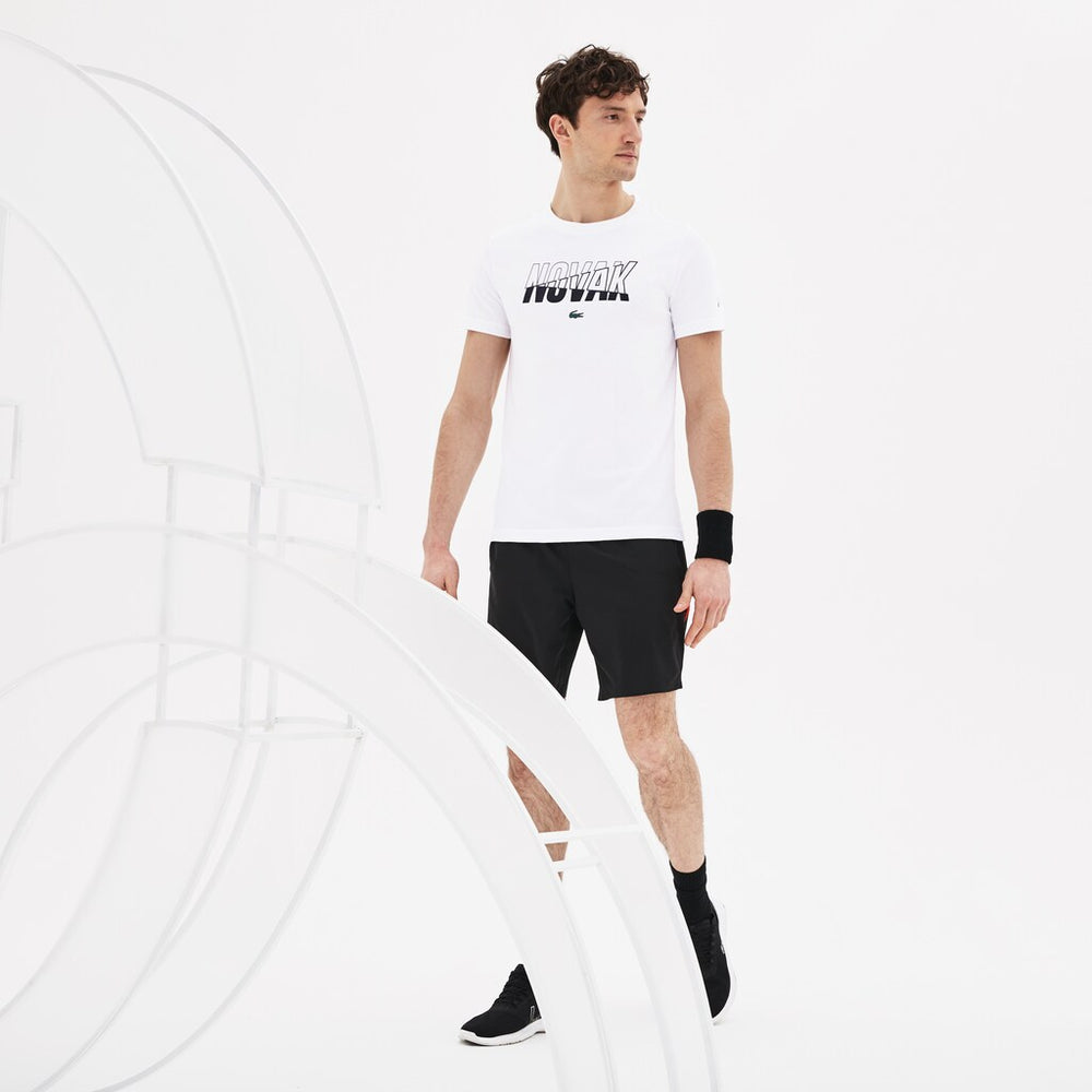 Mens   SPORT Novak Djokovic Crew Neck Print Tech Jersey T-shirt | Lacoste White / Navy Blue • 522