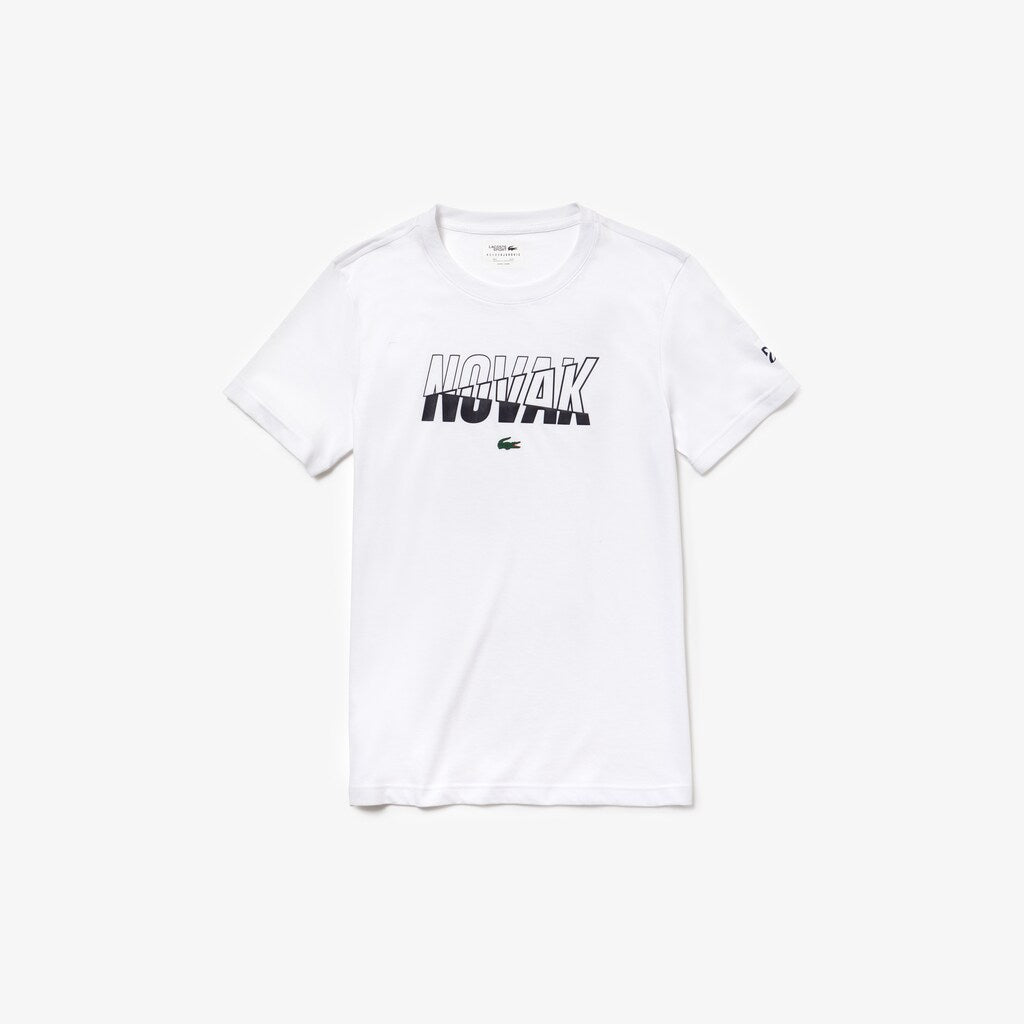 Mens   SPORT Novak Djokovic Crew Neck Print Tech Jersey T-shirt | Lacoste White / Navy Blue • 522