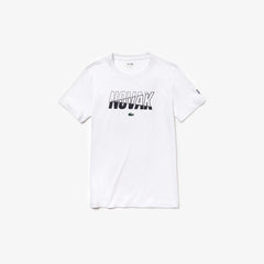 Mens   SPORT Novak Djokovic Crew Neck Print Tech Jersey T-shirt | Lacoste White / Navy Blue • 522