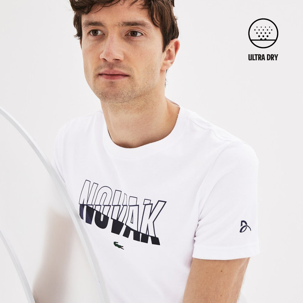 Mens   SPORT Novak Djokovic Crew Neck Print Tech Jersey T-shirt | Lacoste White / Navy Blue • 522