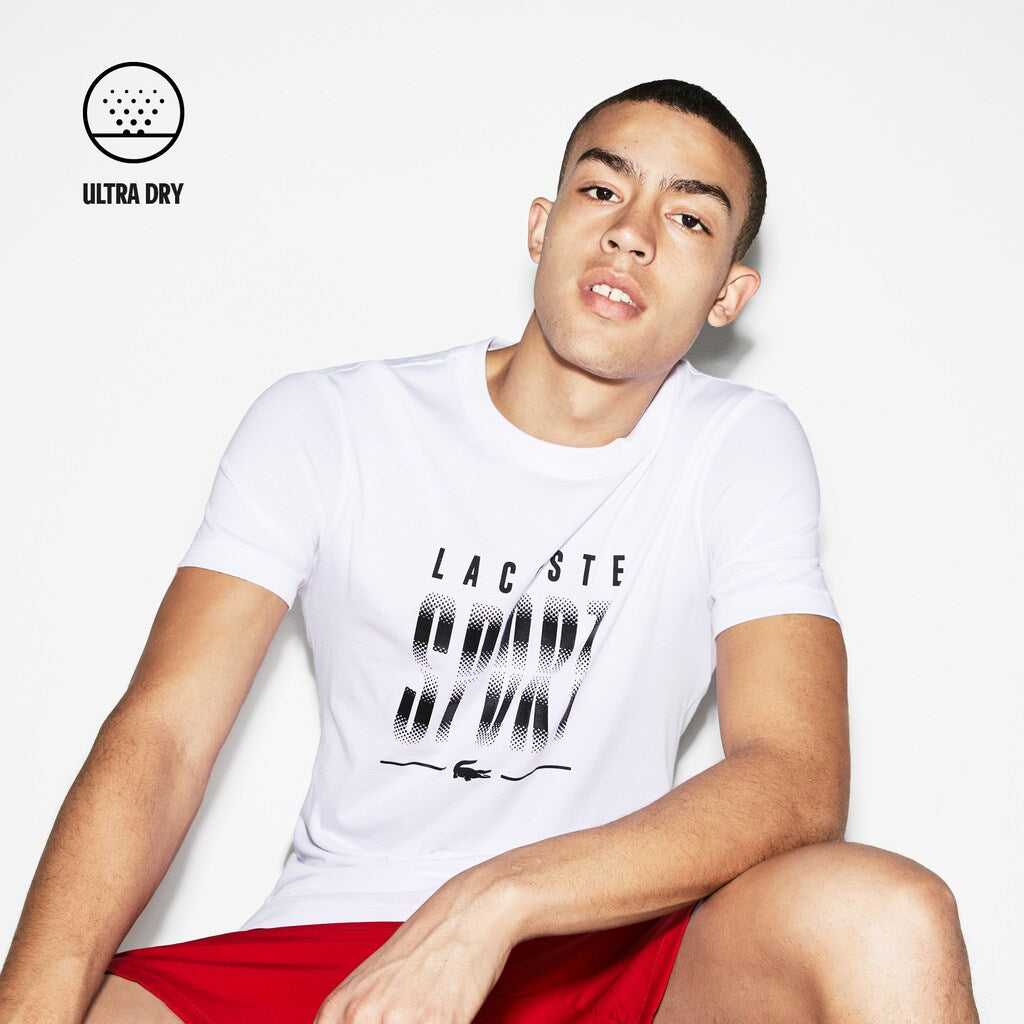 Mens   SPORT Crew Neck Jersey Tennis T-shirt | Lacoste White / Black • Au8