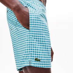 Mens   Striped Seersucker Swim Trunks | Lacoste White / Blue • 7Jq