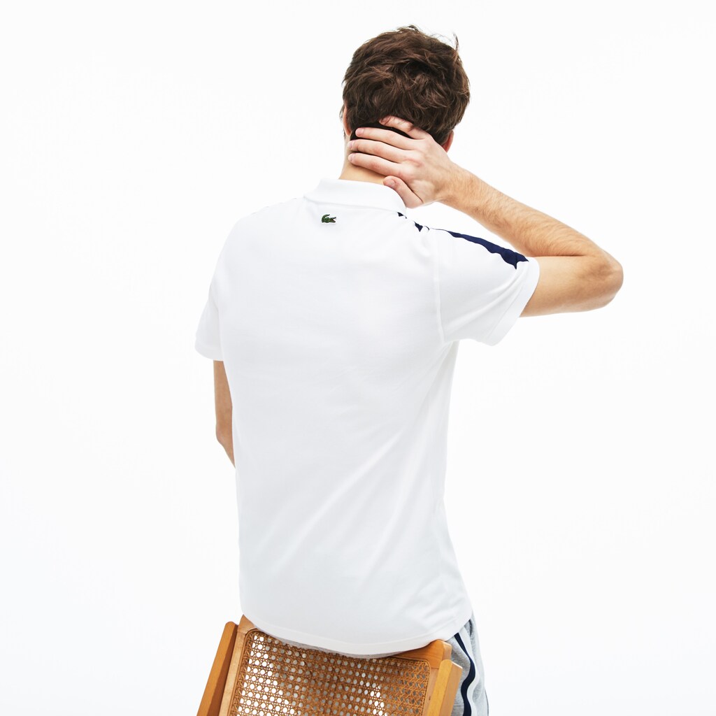 Mens   Slim Fit Cotton Mini Piqué Polo | Lacoste White / Navy Blue • 522