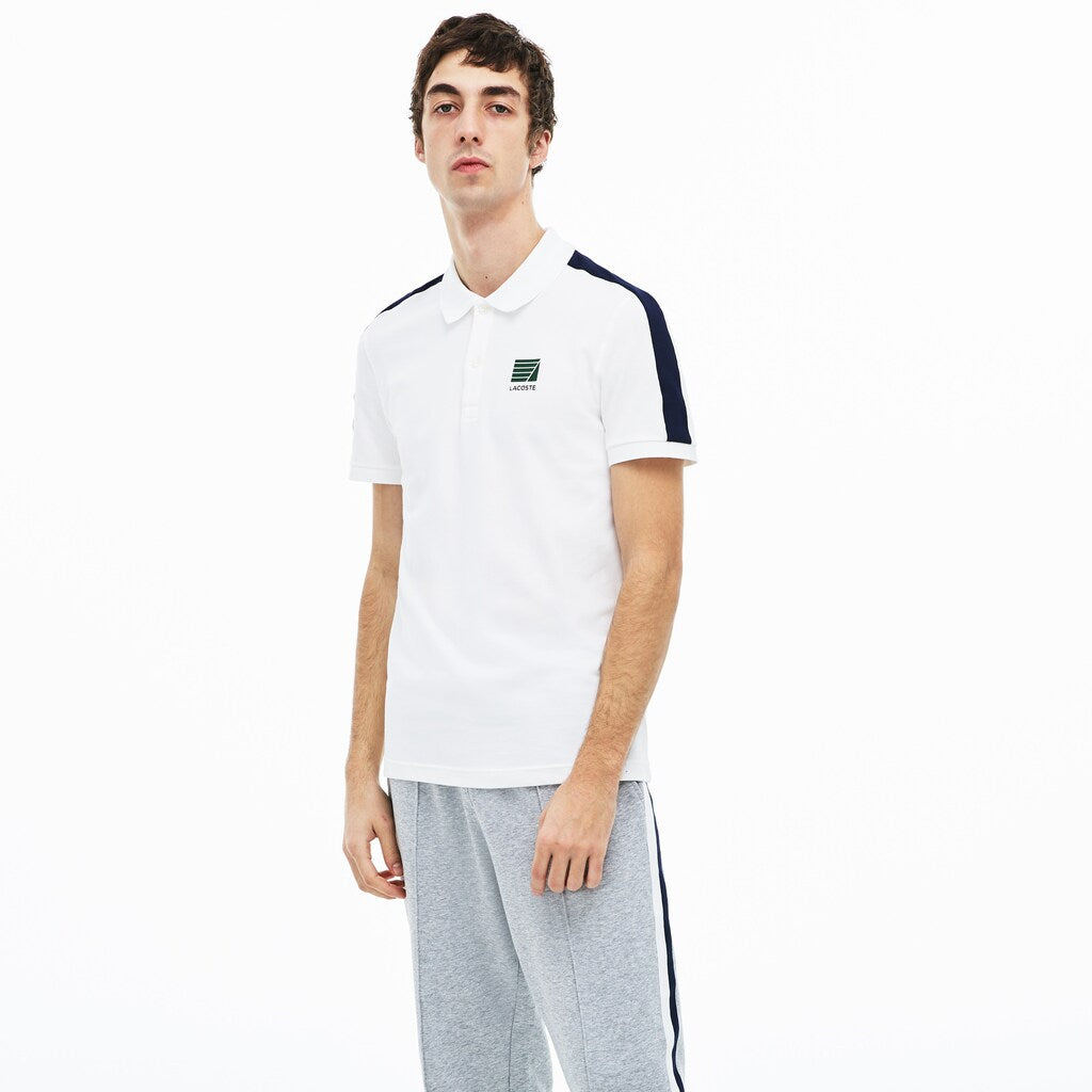 Mens   Slim Fit Cotton Mini Piqué Polo | Lacoste White / Navy Blue • 522