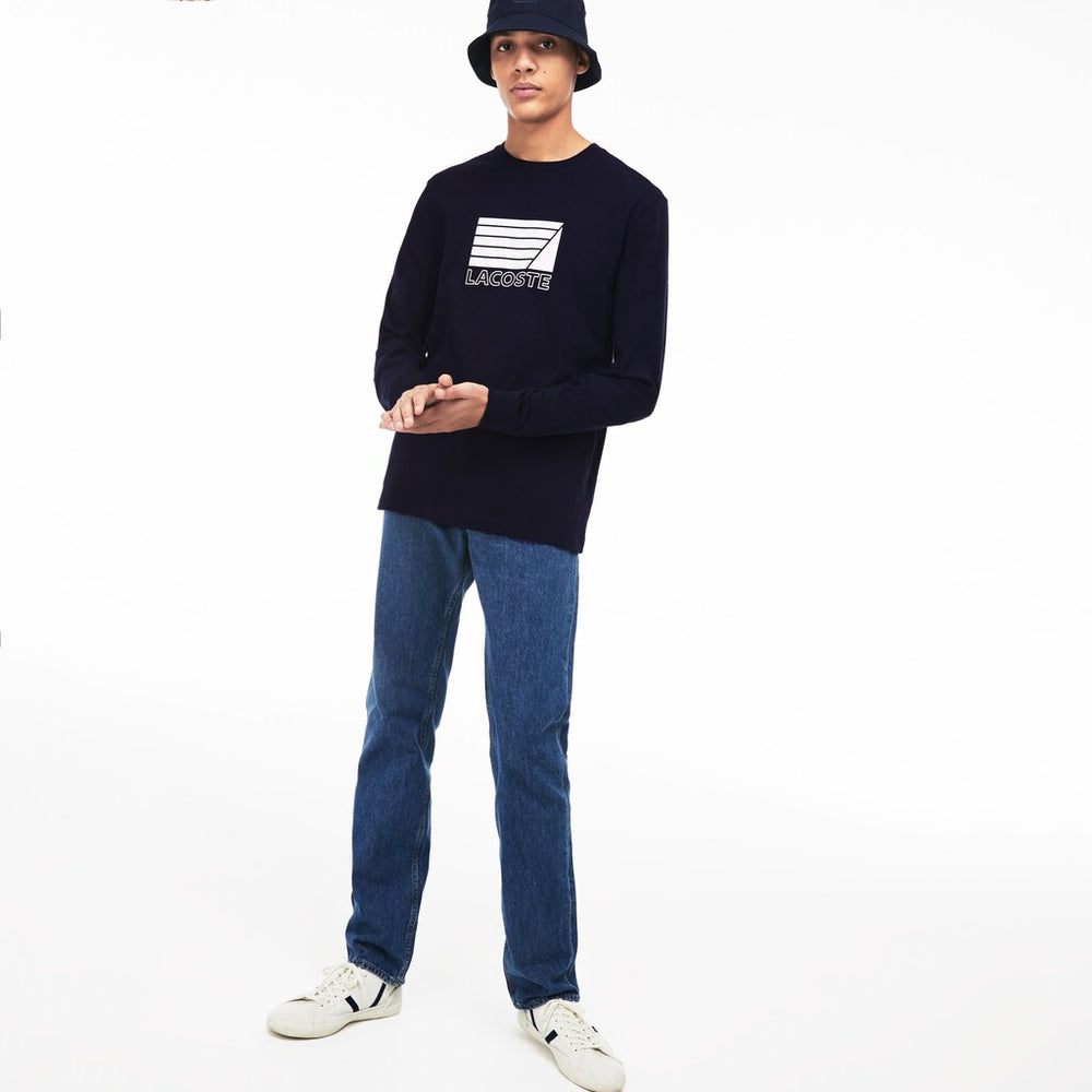 Mens   Crew Neck Cotton T-shirt | Lacoste Navy Blue / White • 525