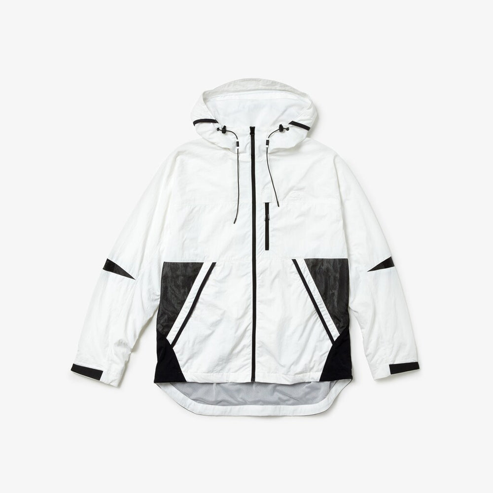 Mens   Lacoste Motion Collapsible Colorblock Windbreaker | Lacoste White / Black • Au8