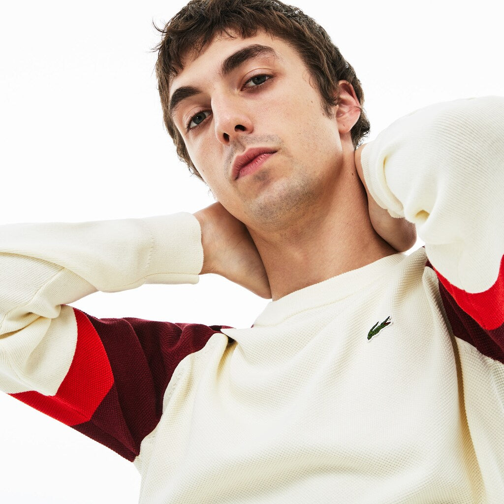 Mens   Crew Neck Raglan Sleeved Sweater | Lacoste White / Red / Bordeaux • 7L5