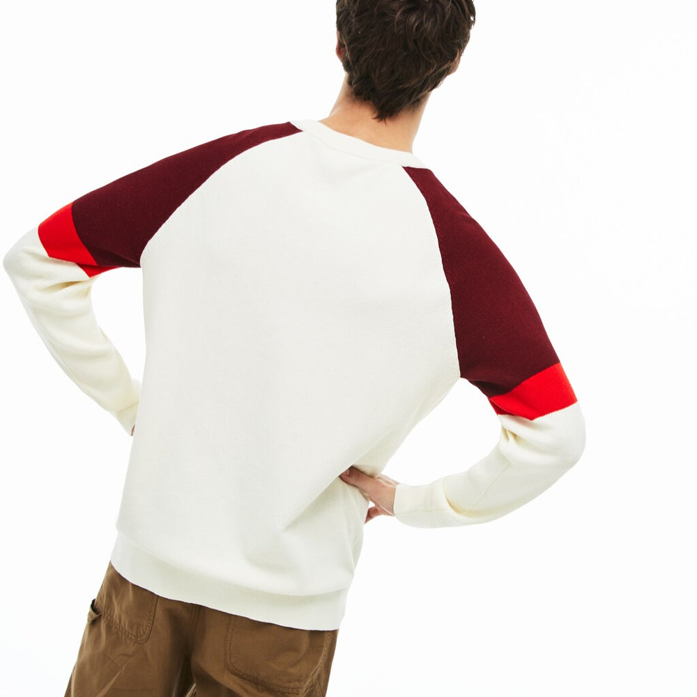 Mens   Crew Neck Raglan Sleeved Sweater | Lacoste White / Red / Bordeaux • 7L5