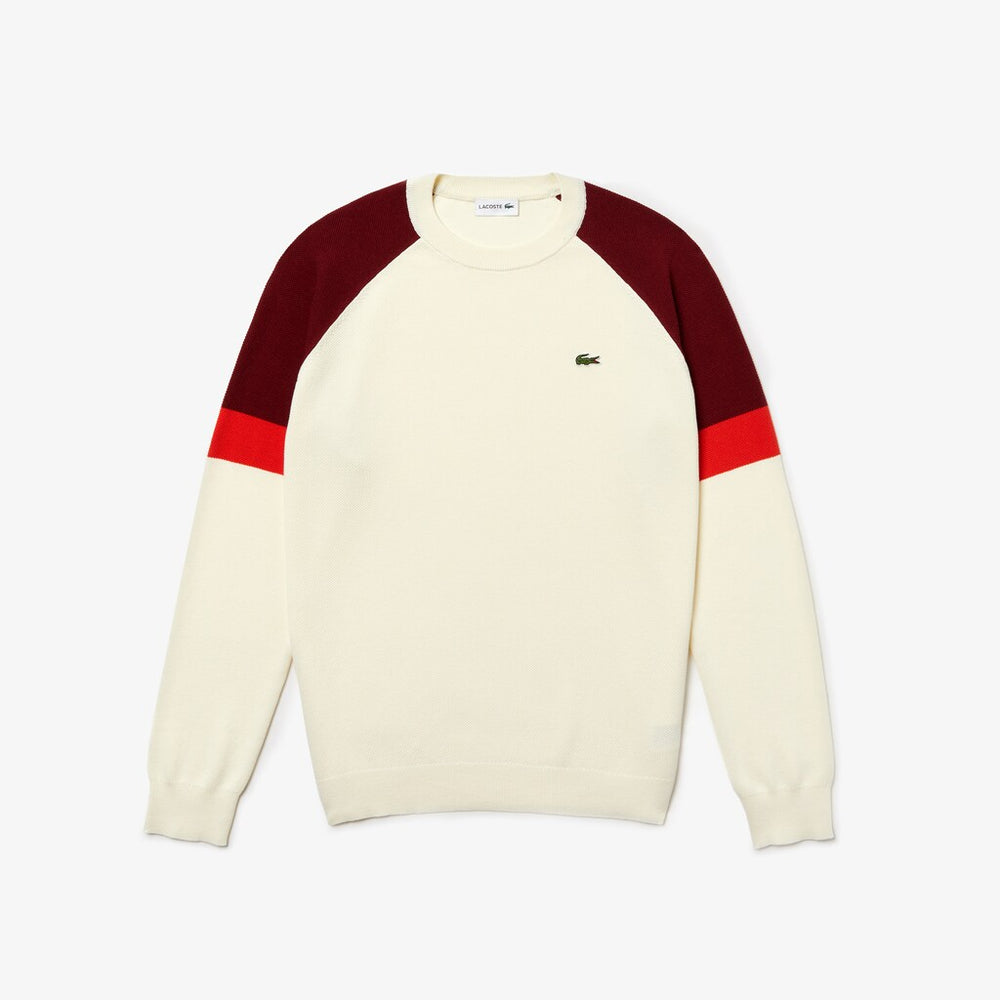 Mens   Crew Neck Raglan Sleeved Sweater | Lacoste White / Red / Bordeaux • 7L5