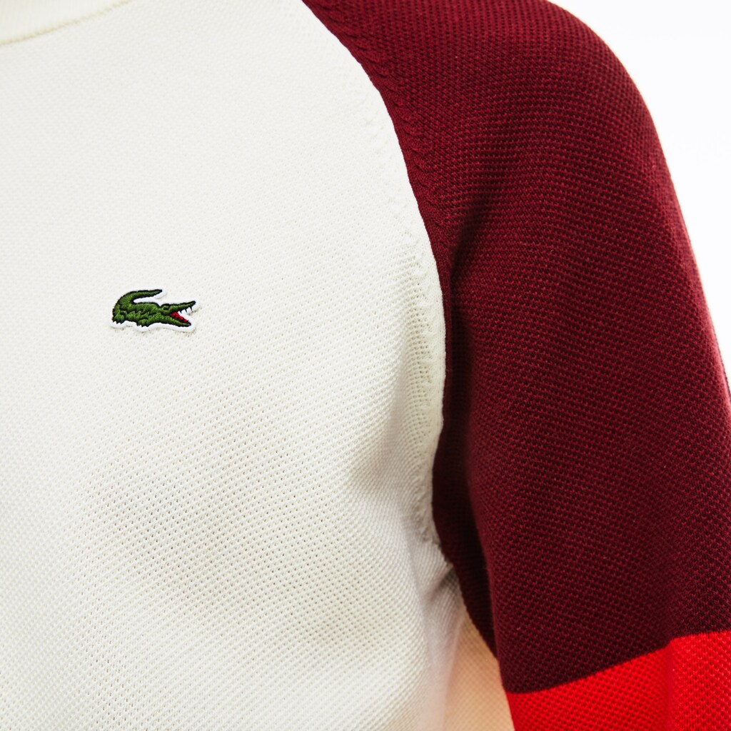 Mens   Crew Neck Raglan Sleeved Sweater | Lacoste White / Red / Bordeaux • 7L5