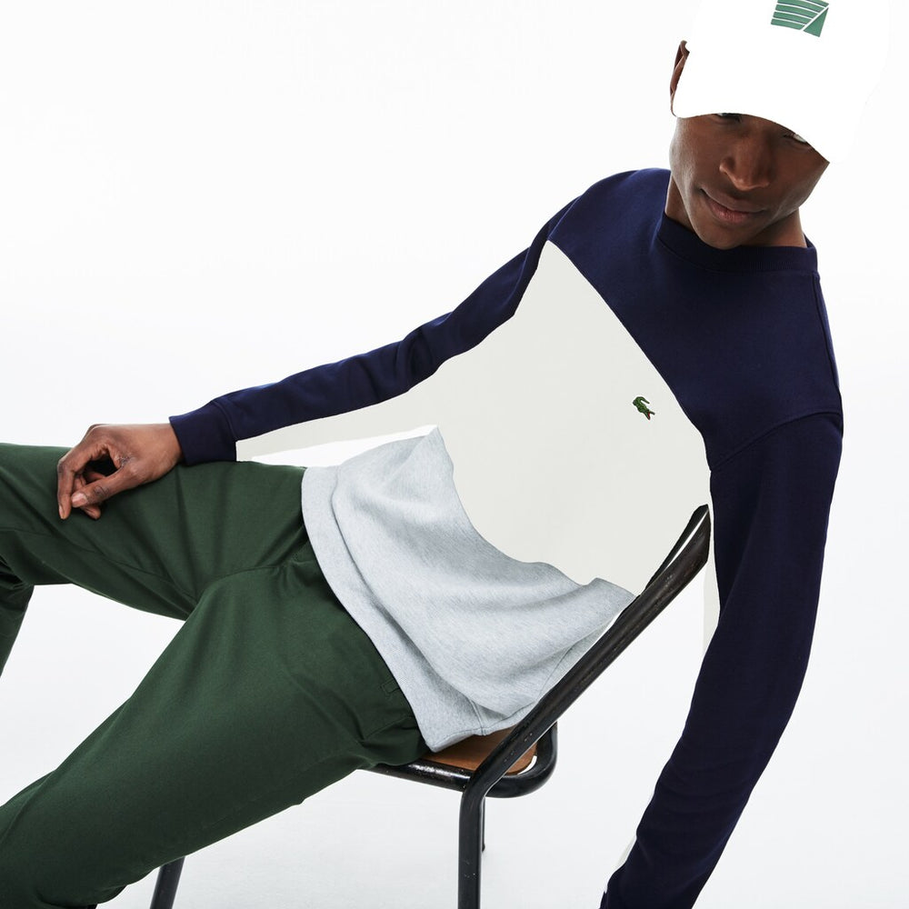 Mens   Crew Neck Colorblock Piqué Fleece Sweatshirt | Lacoste Grey Chine / White / Navy Blue • 89Q