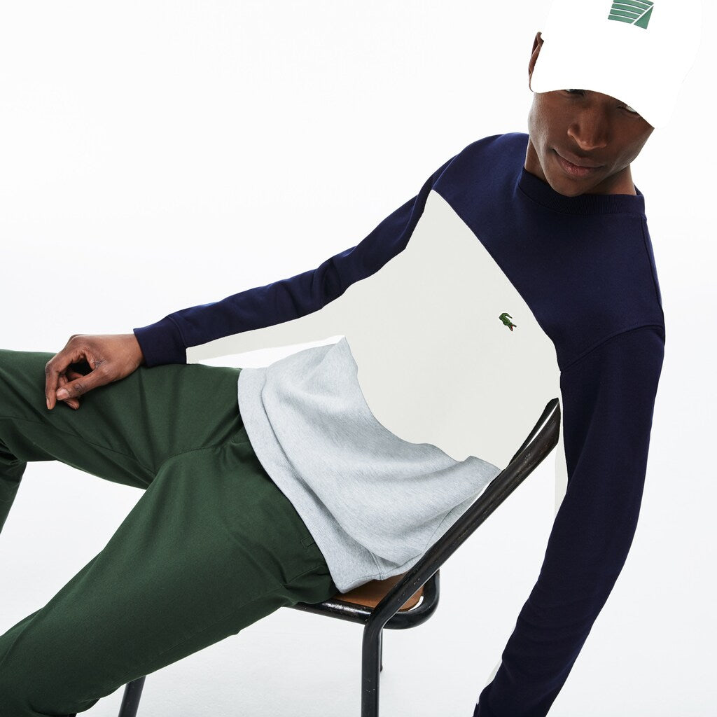 Mens   Crew Neck Colorblock Piqué Fleece Sweatshirt | Lacoste Grey Chine / White / Navy Blue • 89Q