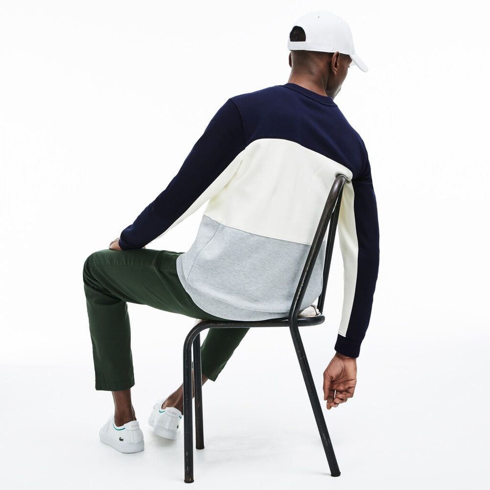 Mens   Crew Neck Colorblock Piqué Fleece Sweatshirt | Lacoste Grey Chine / White / Navy Blue • 89Q