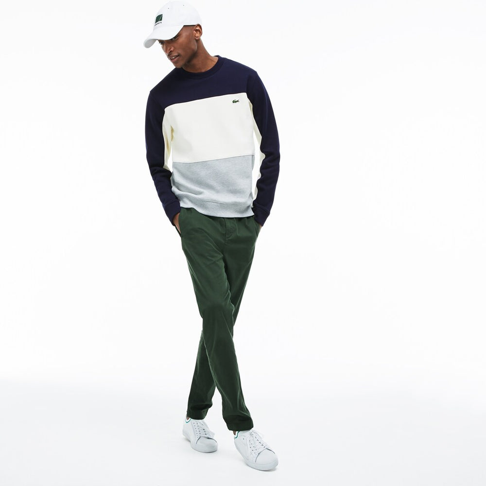 Mens   Crew Neck Colorblock Piqué Fleece Sweatshirt | Lacoste Grey Chine / White / Navy Blue • 89Q