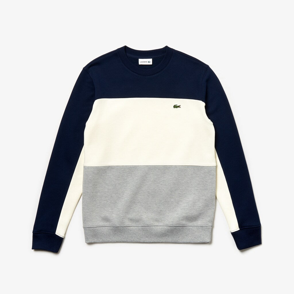Mens   Crew Neck Colorblock Piqué Fleece Sweatshirt | Lacoste Grey Chine / White / Navy Blue • 89Q