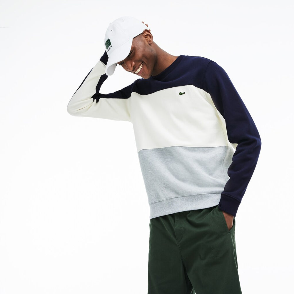 Mens   Crew Neck Colorblock Piqué Fleece Sweatshirt | Lacoste Grey Chine / White / Navy Blue • 89Q