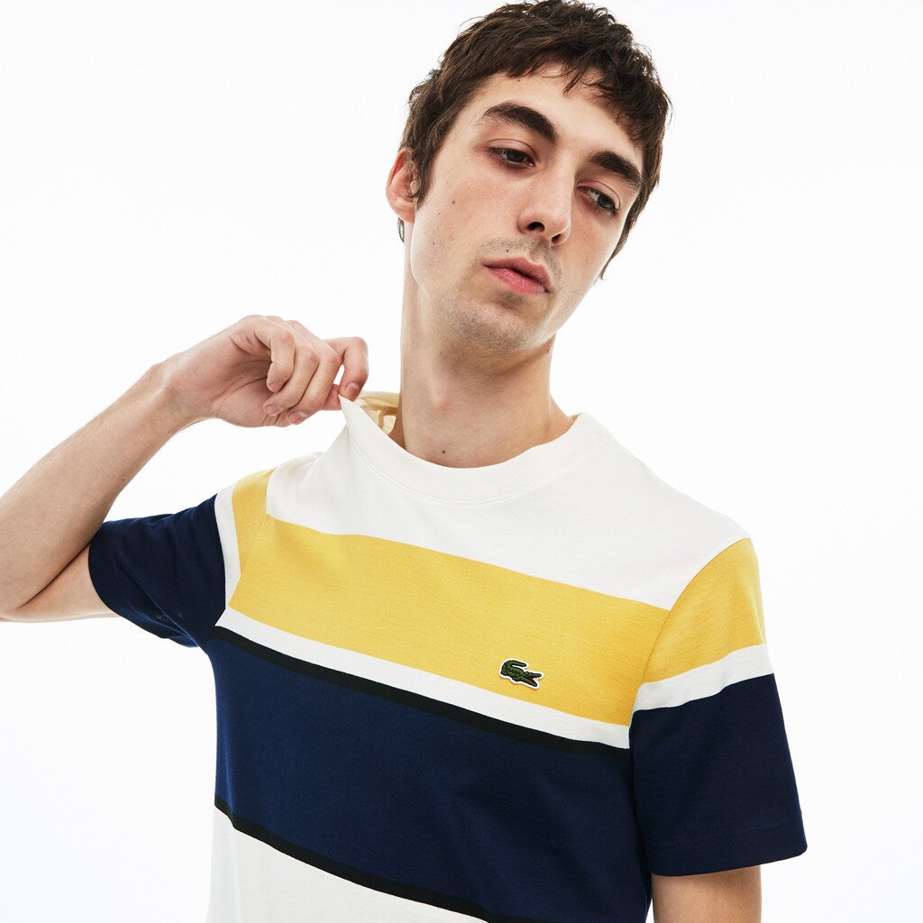 Mens   Crew Neck Cotton T-shirt | Lacoste White / Black / Yellow / Navy Blue • 5Vh