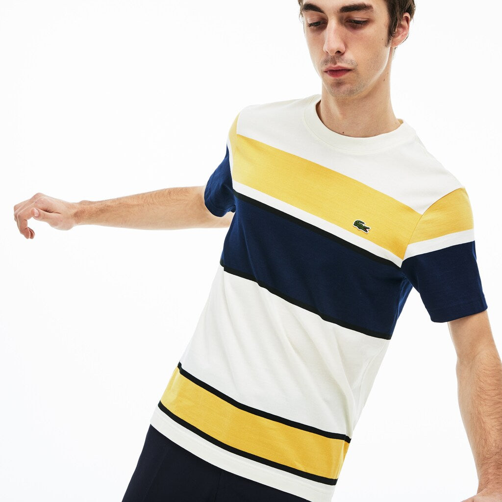 Mens   Crew Neck Cotton T-shirt | Lacoste White / Black / Yellow / Navy Blue • 5Vh