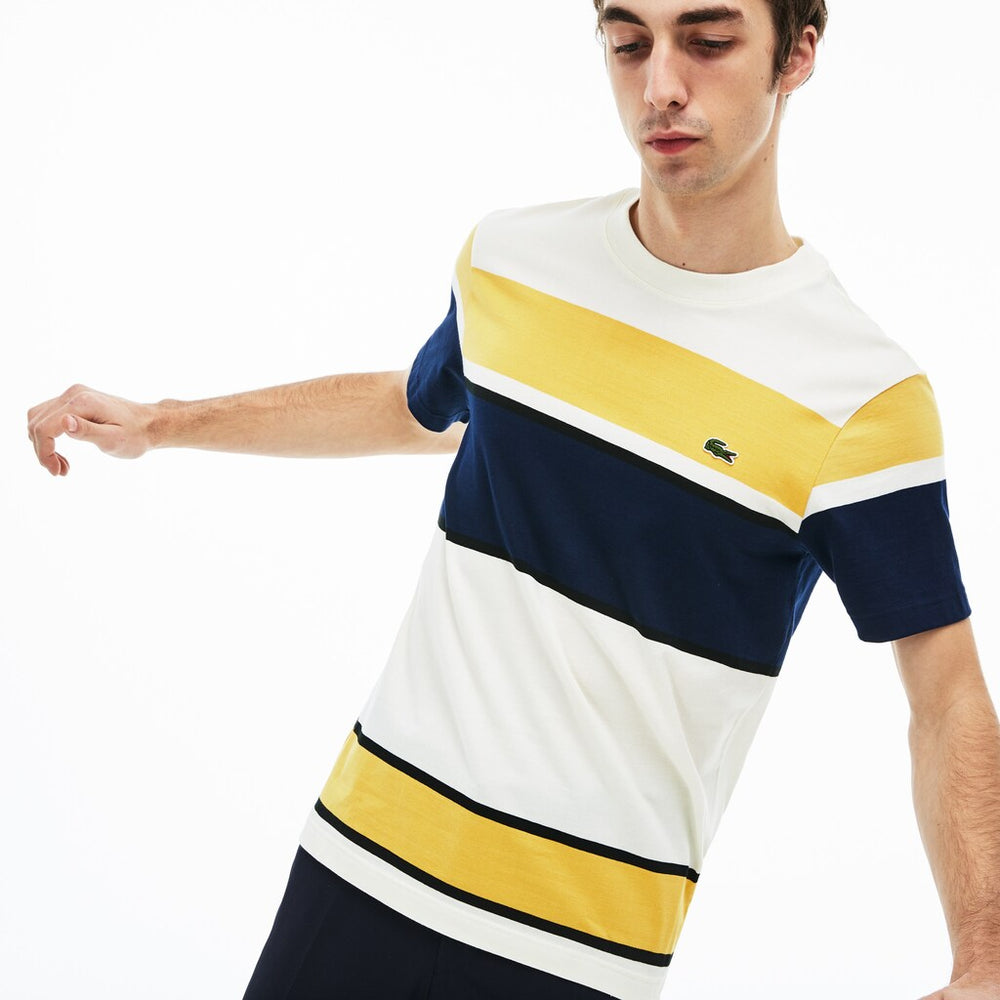 Mens   Crew Neck Cotton T-shirt | Lacoste White / Black / Yellow / Navy Blue • 5Vh