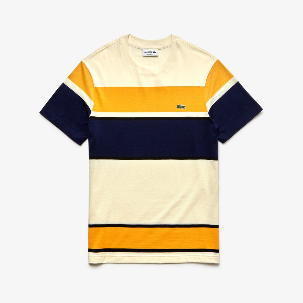 Mens   Crew Neck Cotton T-shirt | Lacoste White / Black / Yellow / Navy Blue • 5Vh