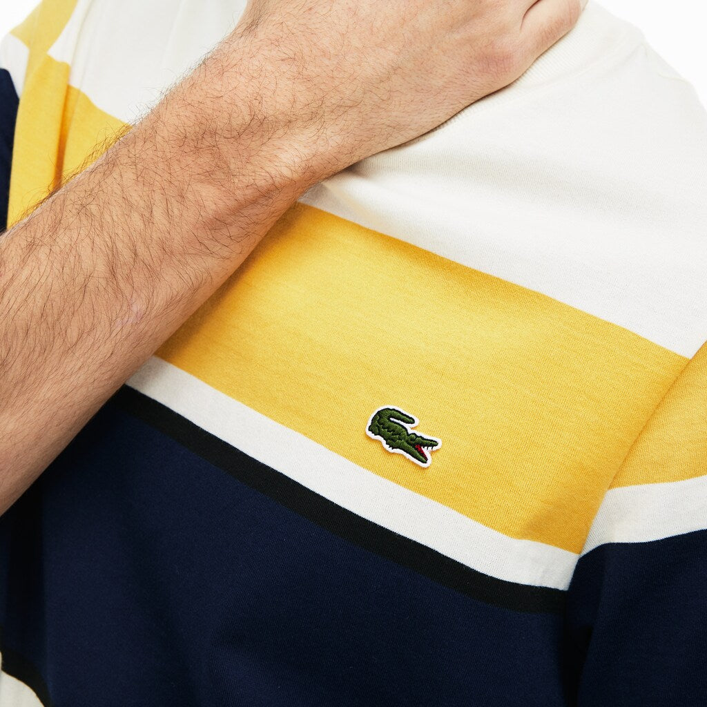 Mens   Crew Neck Cotton T-shirt | Lacoste White / Black / Yellow / Navy Blue • 5Vh
