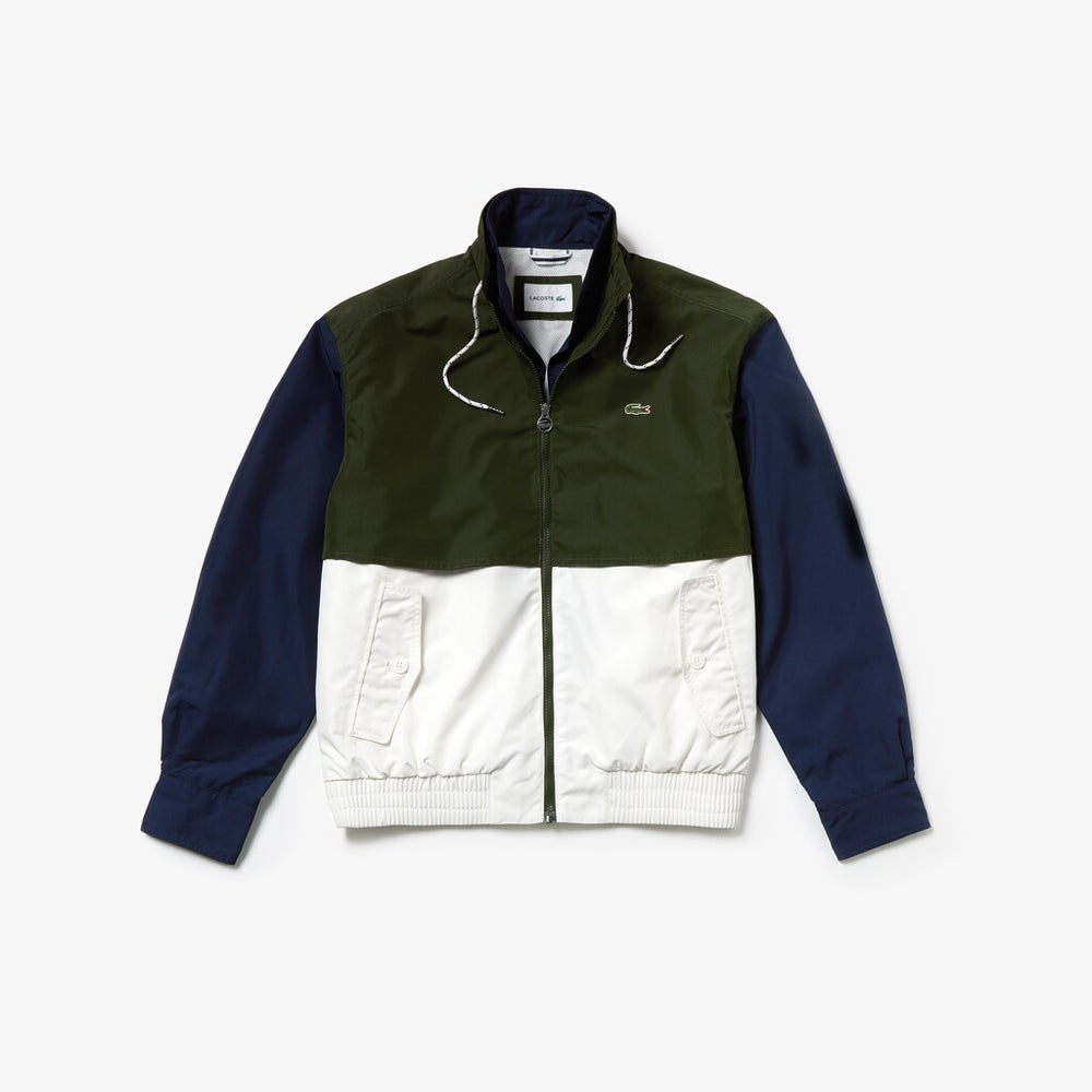 Mens   Water-Resistant Full-Zip Jacket | Lacoste White / Khaki Green / Navy Blue • 9Nj