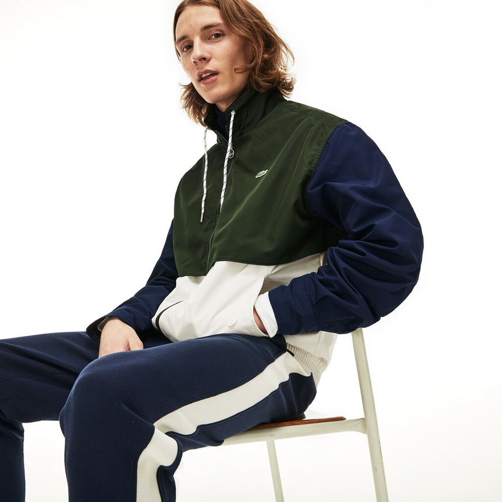 Mens   Water-Resistant Full-Zip Jacket | Lacoste White / Khaki Green / Navy Blue • 9Nj