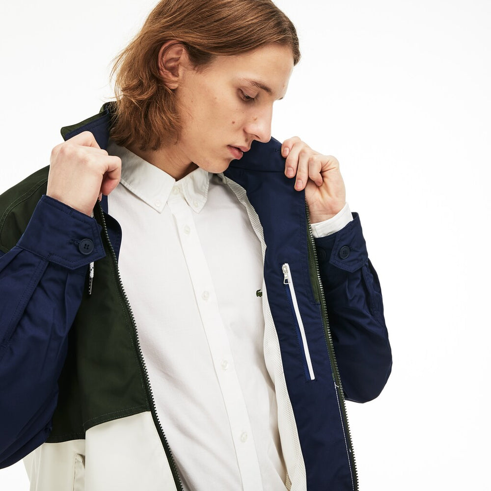 Mens   Water-Resistant Full-Zip Jacket | Lacoste White / Khaki Green / Navy Blue • 9Nj