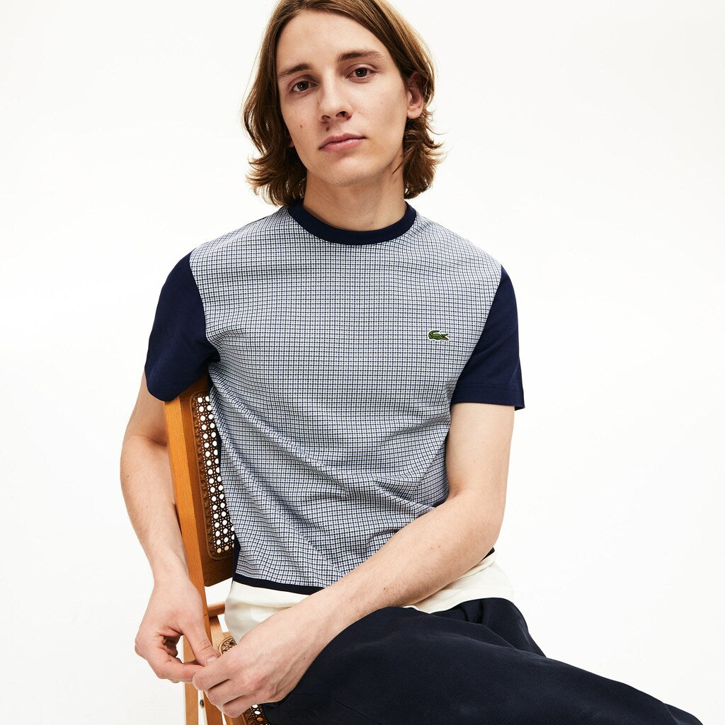 Mens   Crewneck Print-Blocked Cotton T-Shirt | Lacoste White / Navy Blue • 3J4