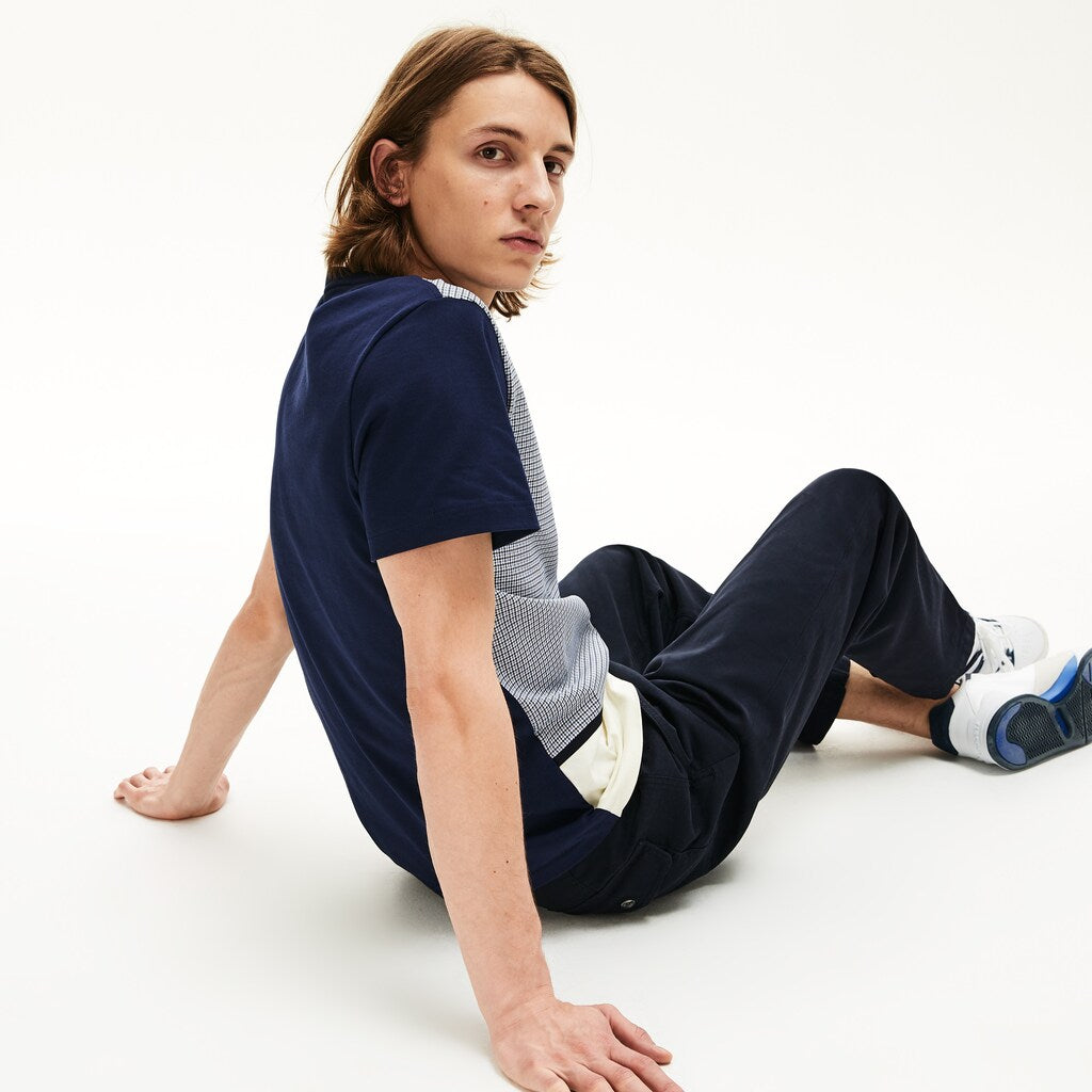 Mens   Crewneck Print-Blocked Cotton T-Shirt | Lacoste White / Navy Blue • 3J4