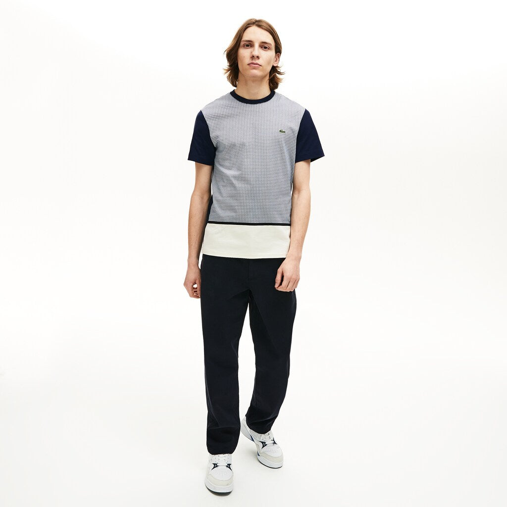 Mens   Crewneck Print-Blocked Cotton T-Shirt | Lacoste White / Navy Blue • 3J4