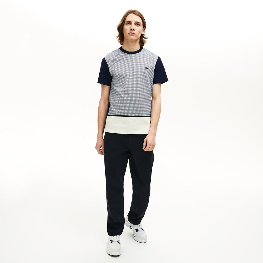 Mens   Crewneck Print-Blocked Cotton T-Shirt | Lacoste White / Navy Blue • 3J4