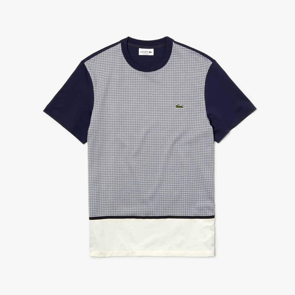 Mens   Crewneck Print-Blocked Cotton T-Shirt | Lacoste White / Navy Blue • 3J4