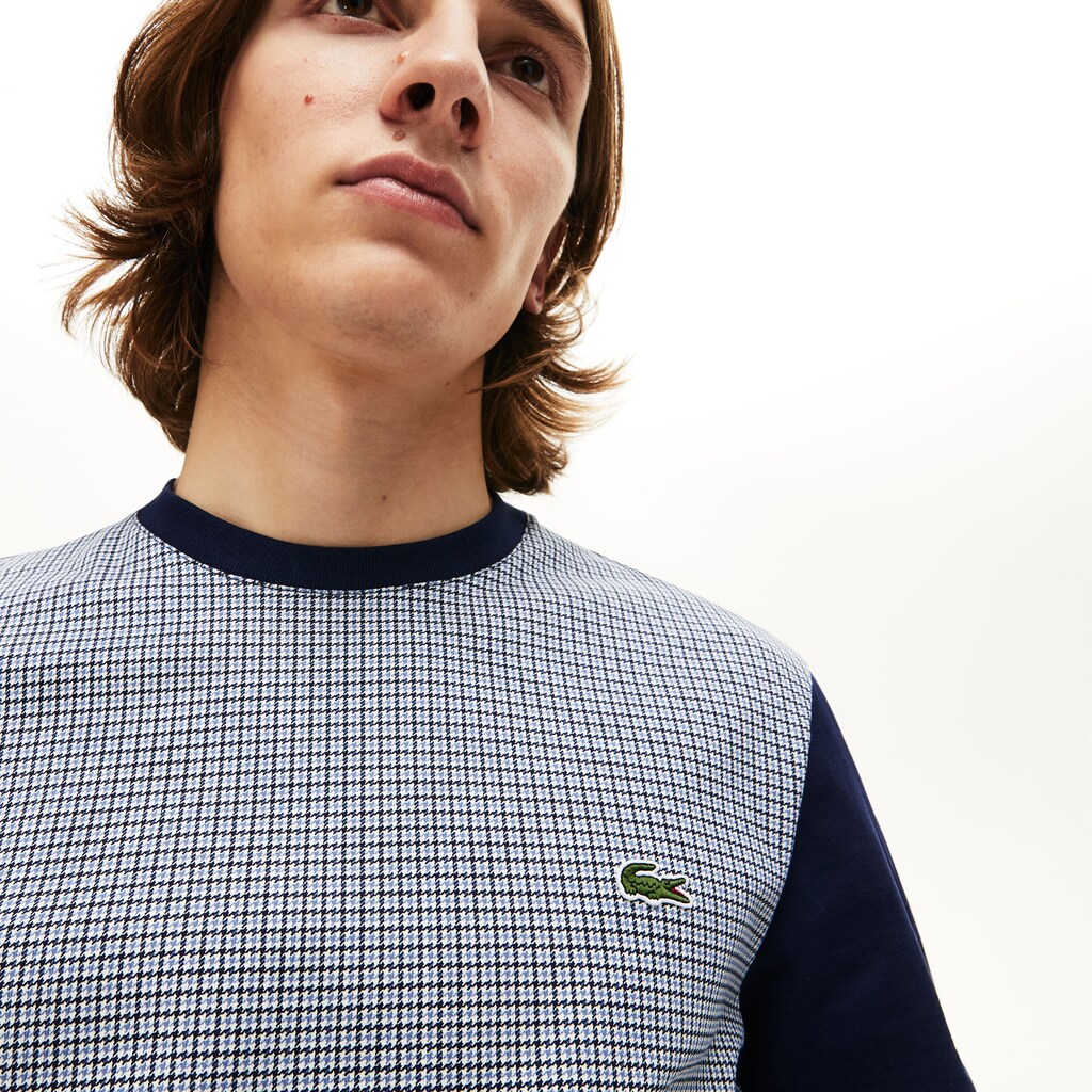 Mens   Crewneck Print-Blocked Cotton T-Shirt | Lacoste White / Navy Blue • 3J4