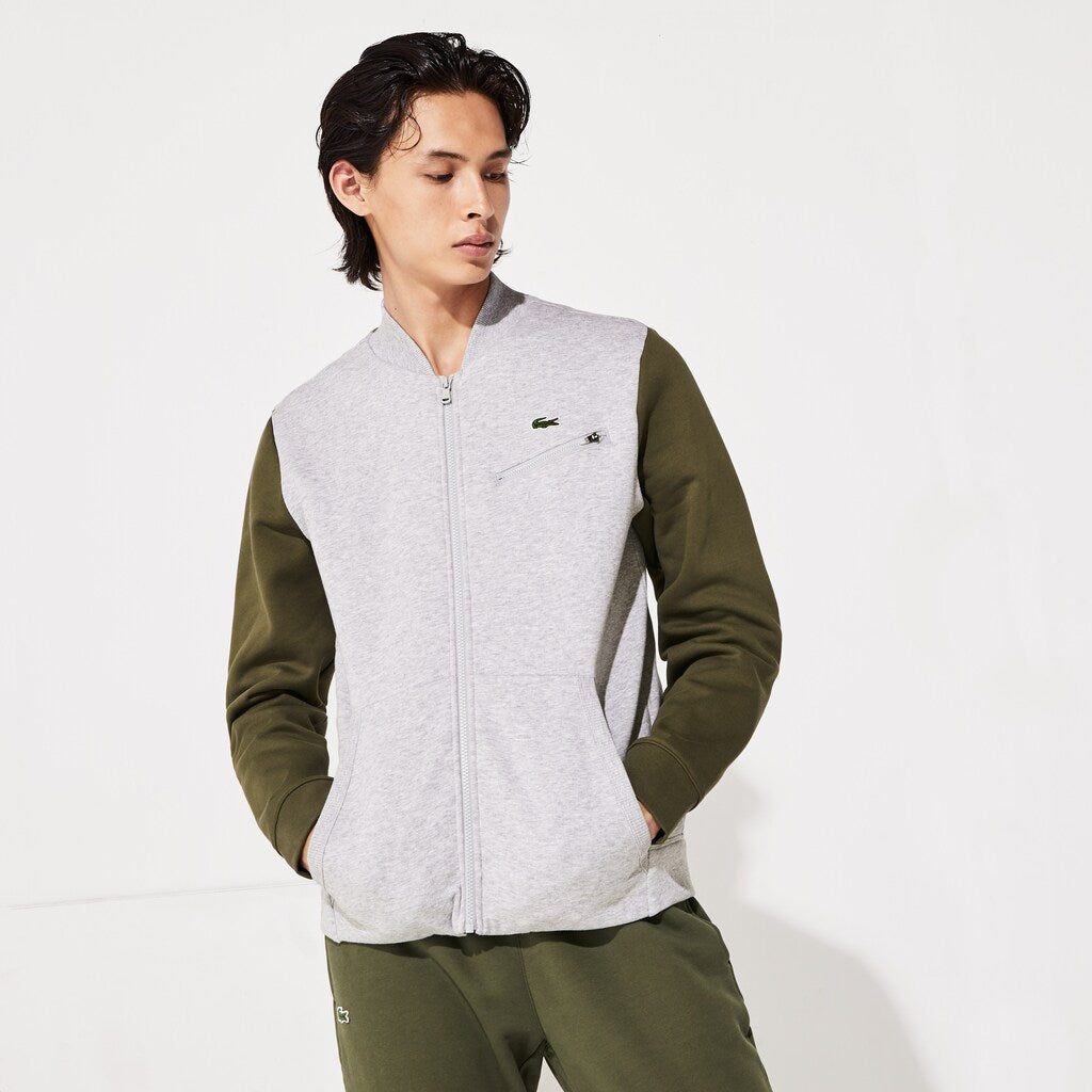 Mens   SPORT Contrast-Sleeve Fleece Varsity Jacket | Lacoste Grey Chine / Khaki Green / Grey Chine • 29T