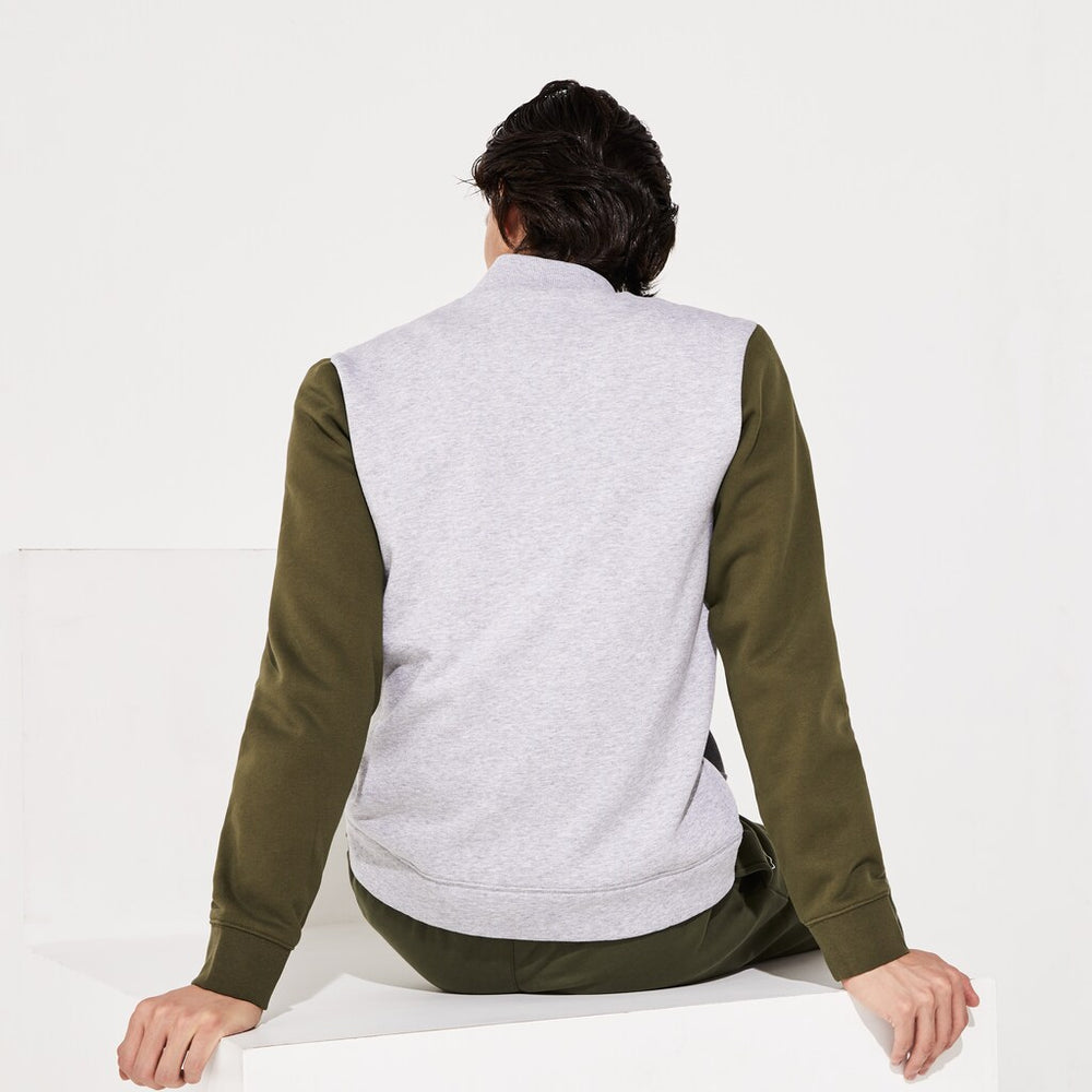 Mens   SPORT Contrast-Sleeve Fleece Varsity Jacket | Lacoste Grey Chine / Khaki Green / Grey Chine • 29T