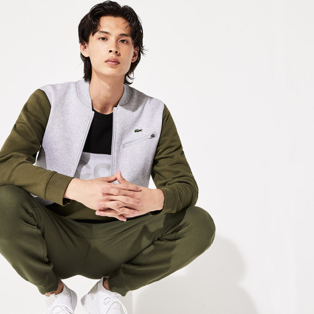Mens   SPORT Contrast-Sleeve Fleece Varsity Jacket | Lacoste Grey Chine / Khaki Green / Grey Chine • 29T