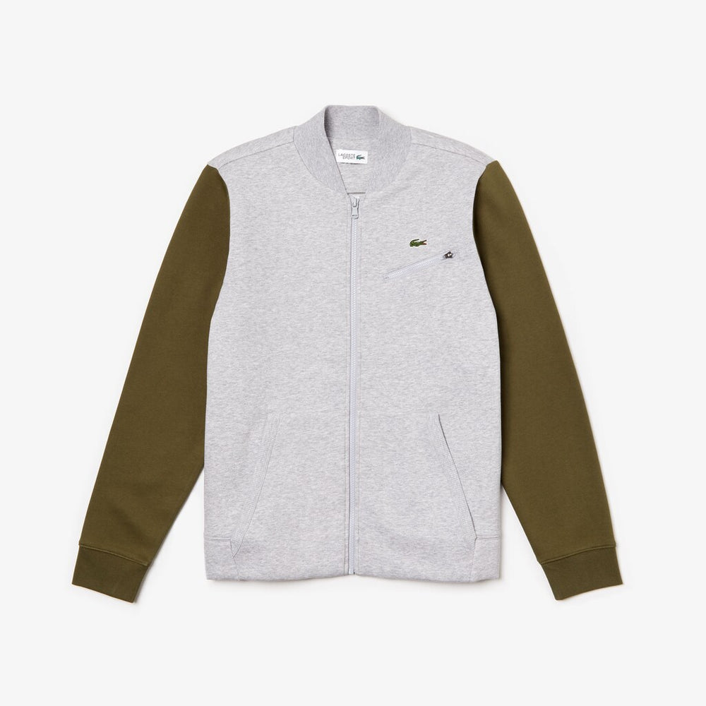 Mens   SPORT Contrast-Sleeve Fleece Varsity Jacket | Lacoste Grey Chine / Khaki Green / Grey Chine • 29T
