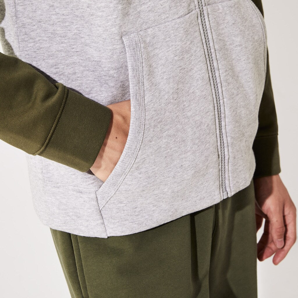 Mens   SPORT Contrast-Sleeve Fleece Varsity Jacket | Lacoste Grey Chine / Khaki Green / Grey Chine • 29T
