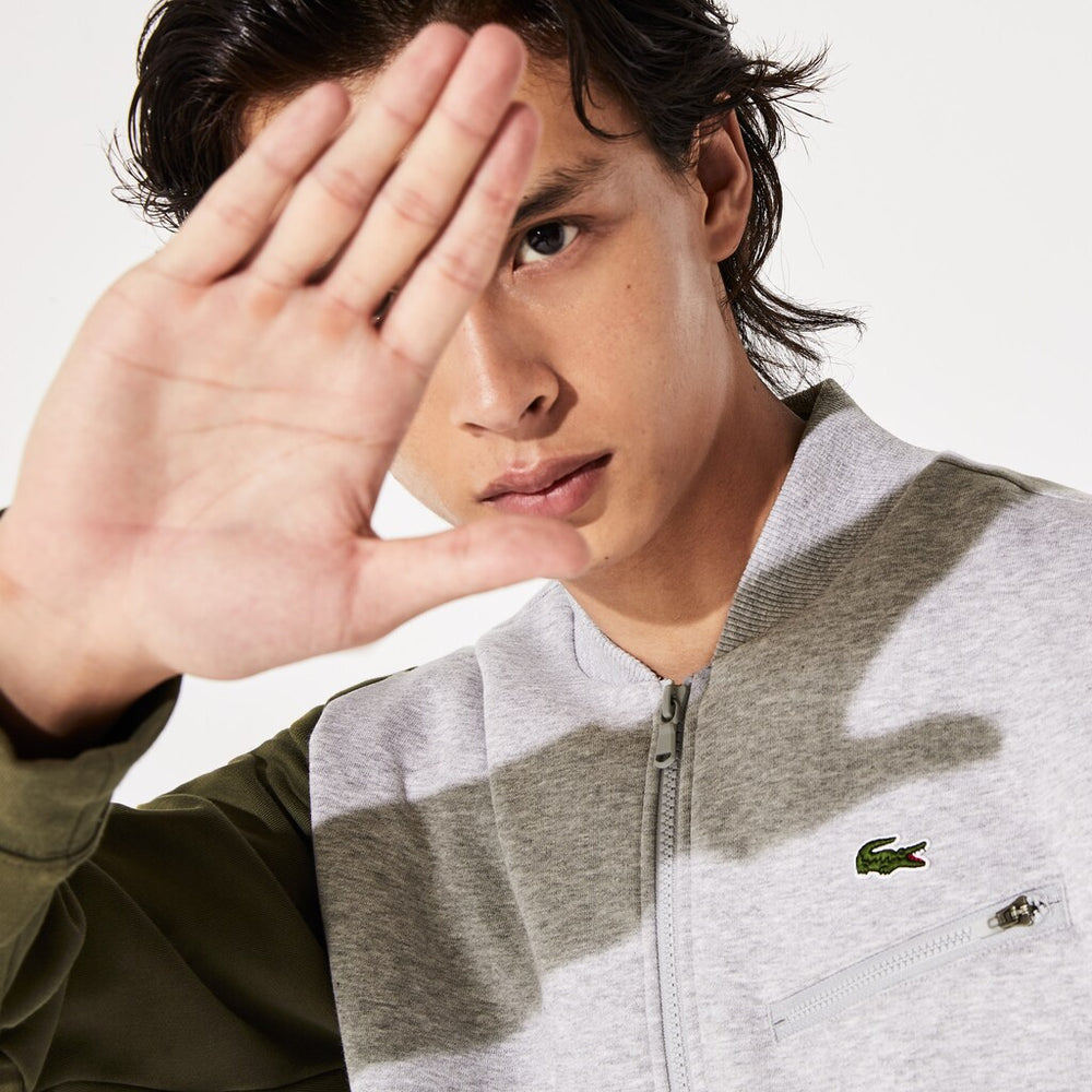 Mens   SPORT Contrast-Sleeve Fleece Varsity Jacket | Lacoste Grey Chine / Khaki Green / Grey Chine • 29T