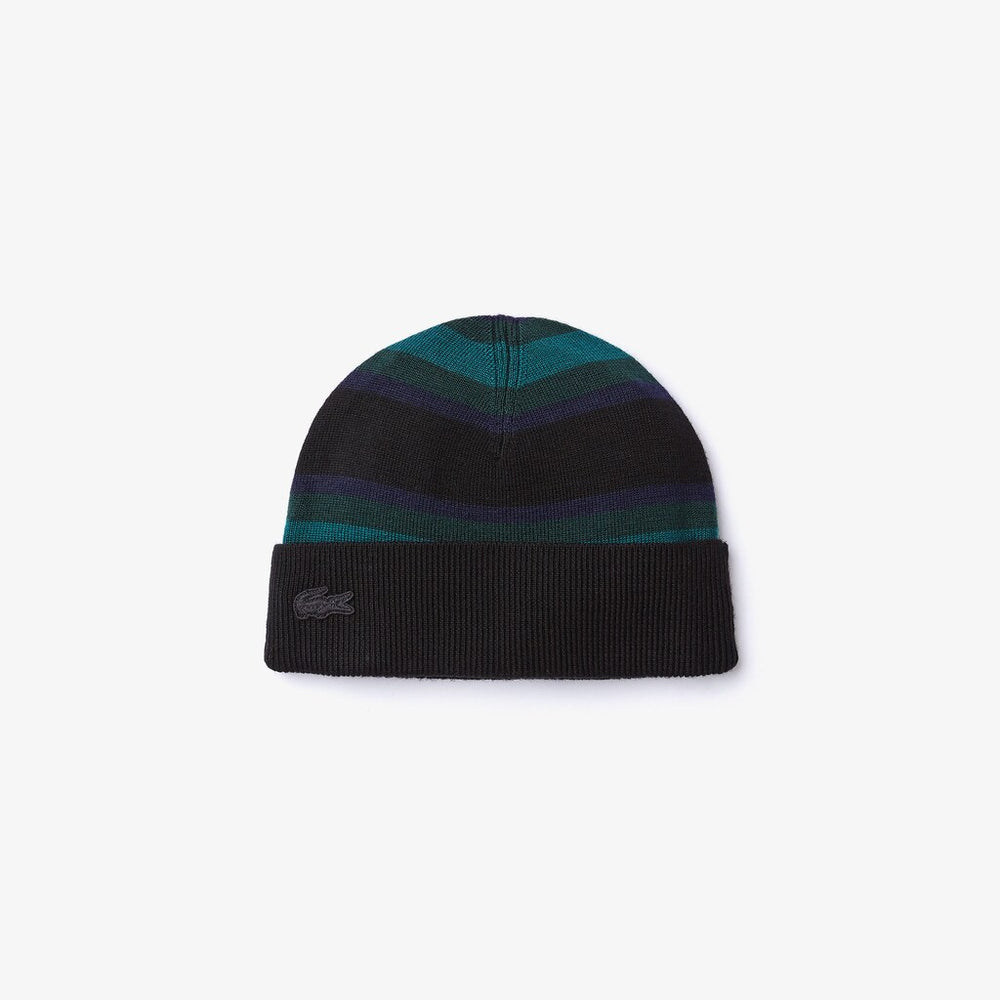 Mens Wo  Striped Wool Jersey Beanie | Lacoste Black / Navy Blue / Green • 3Ra